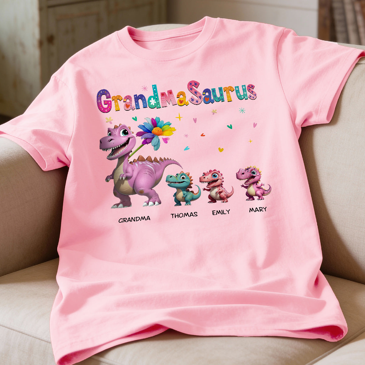 Grandmasaurus And Kids Colorful 3D Effect Dinosaurs - Personalized Shirt - Mother's Day Gift For Grandma