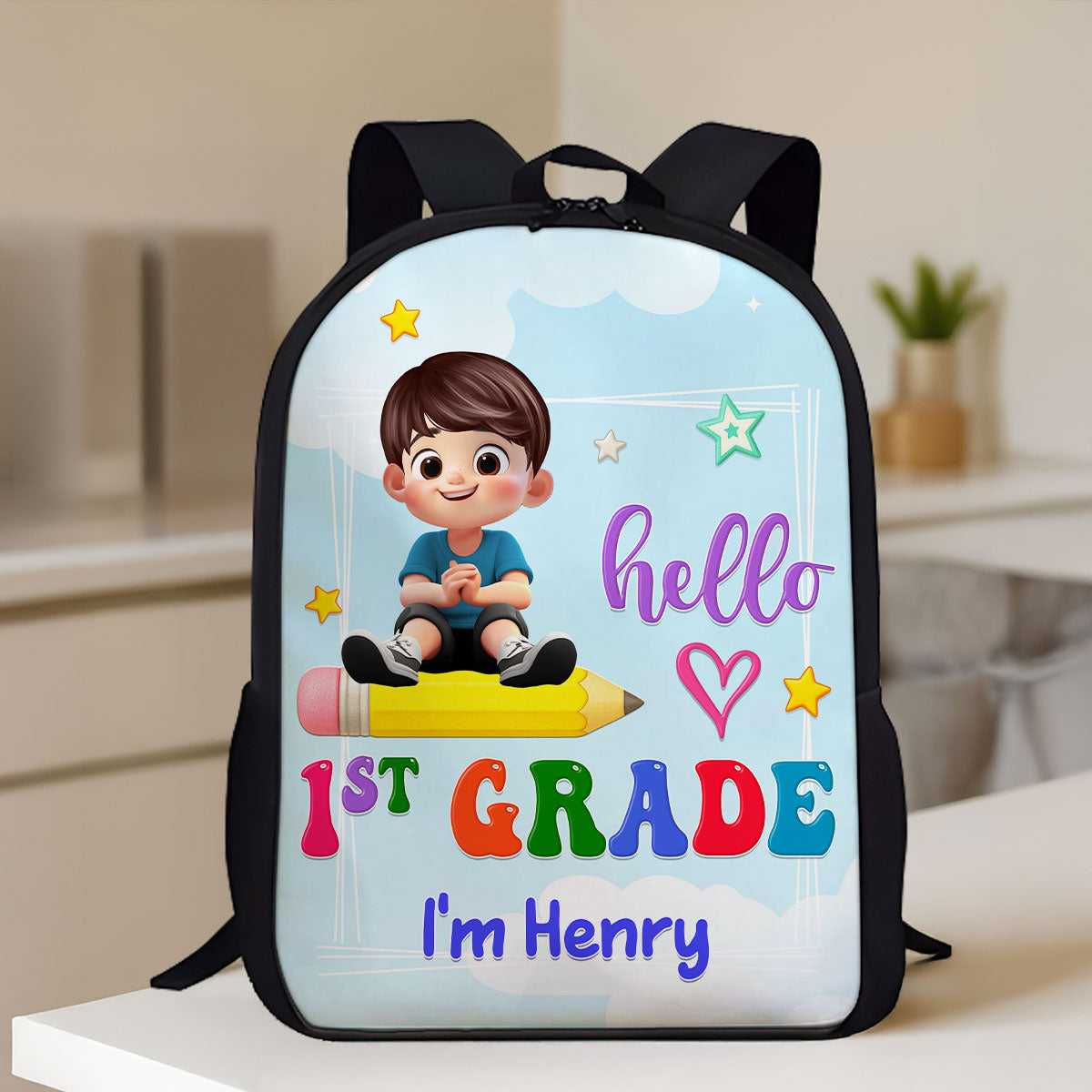 Kid Sitting On Pencil Personalized Kid Backpack, Back To School gift