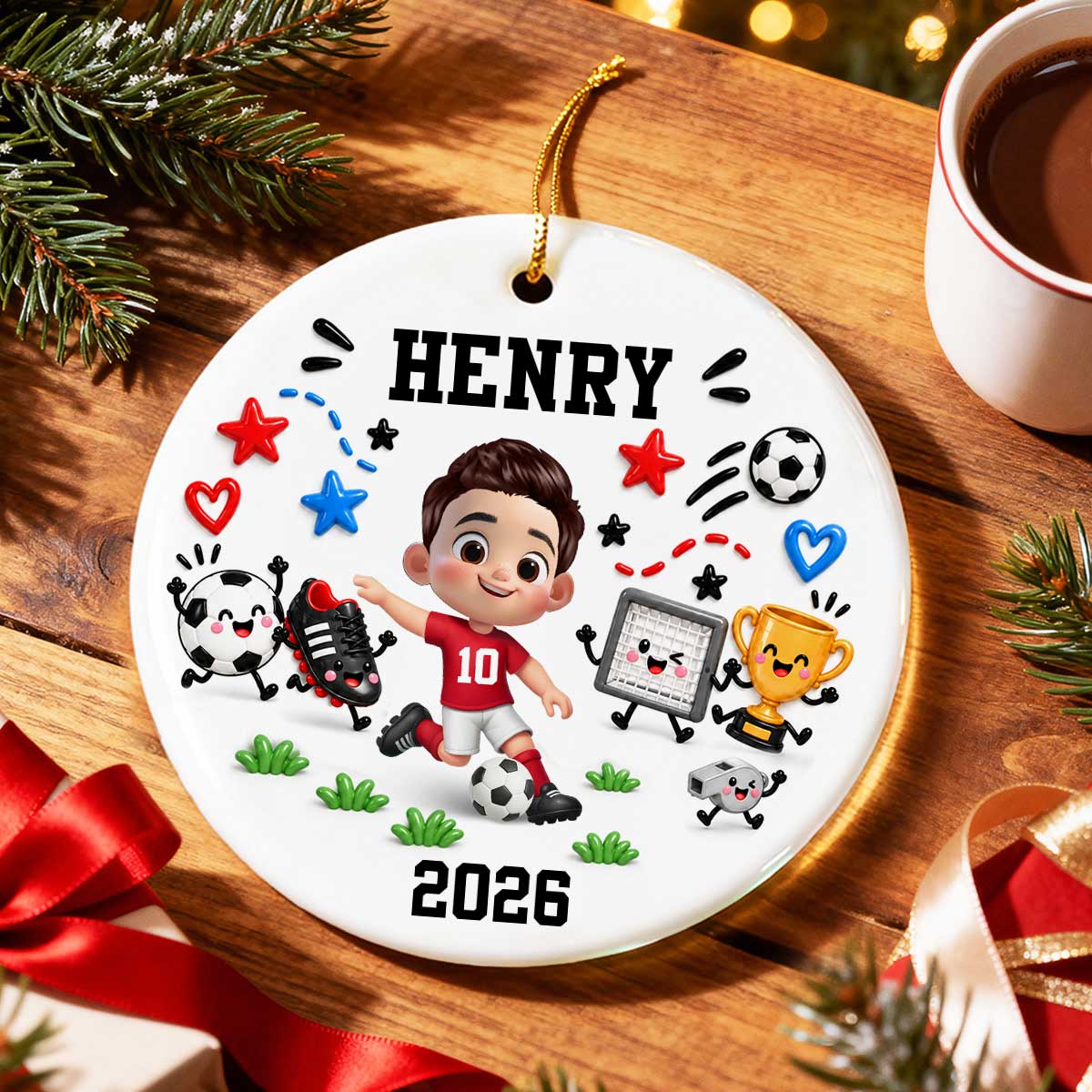 Cute Things Soccer Player 2D Flat Printed- Personalized Ceramic Ornament - Christmas Gift For Son, Grandson, Daughter, Granddaughter