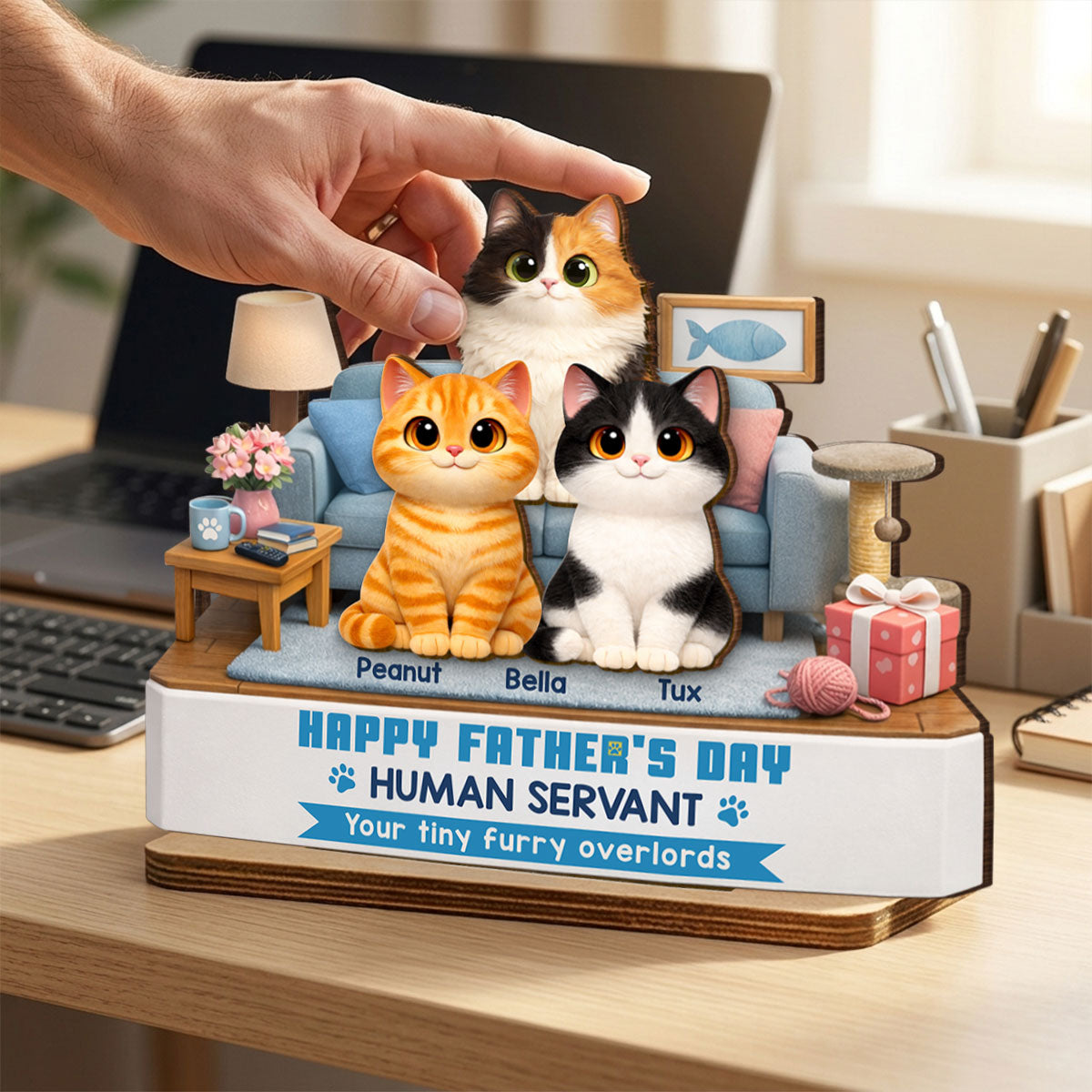Cat Dad Cute Fluffy Cats Happy Father's Day Human Servant - Personalized 2-Layered Wooden Plaque - Funny Father's Day Gift For Cat Dad, Cat Lovers