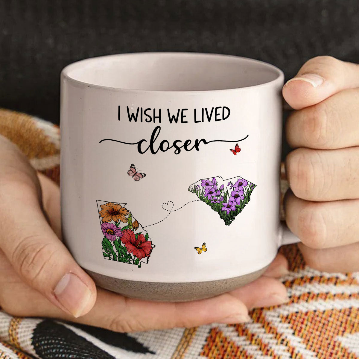 Wish We Lived Closer Wildflower State Map Personalized Pottery Mug