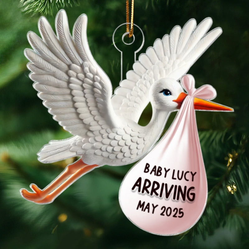 Stork Carrying Baby Bundle New Baby Arriving 3D Effect Personalized Acrylic Flat Ornament