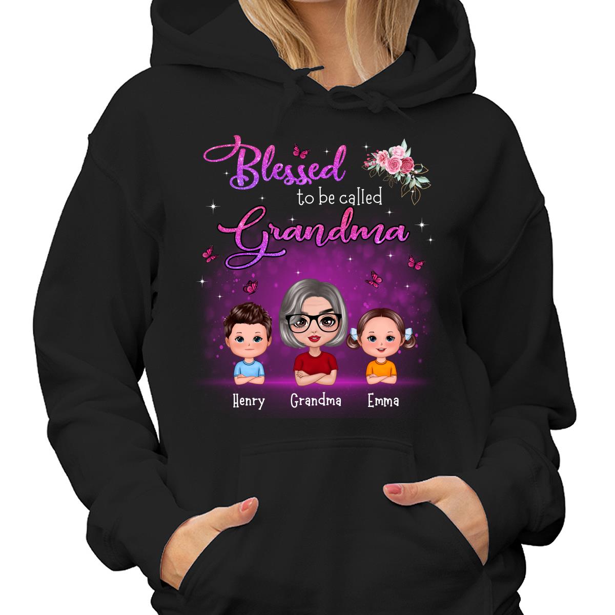 Blessed To Be Called Grandma Mom Flower Butterfly Doll Woman With Kid Personalized Shirt