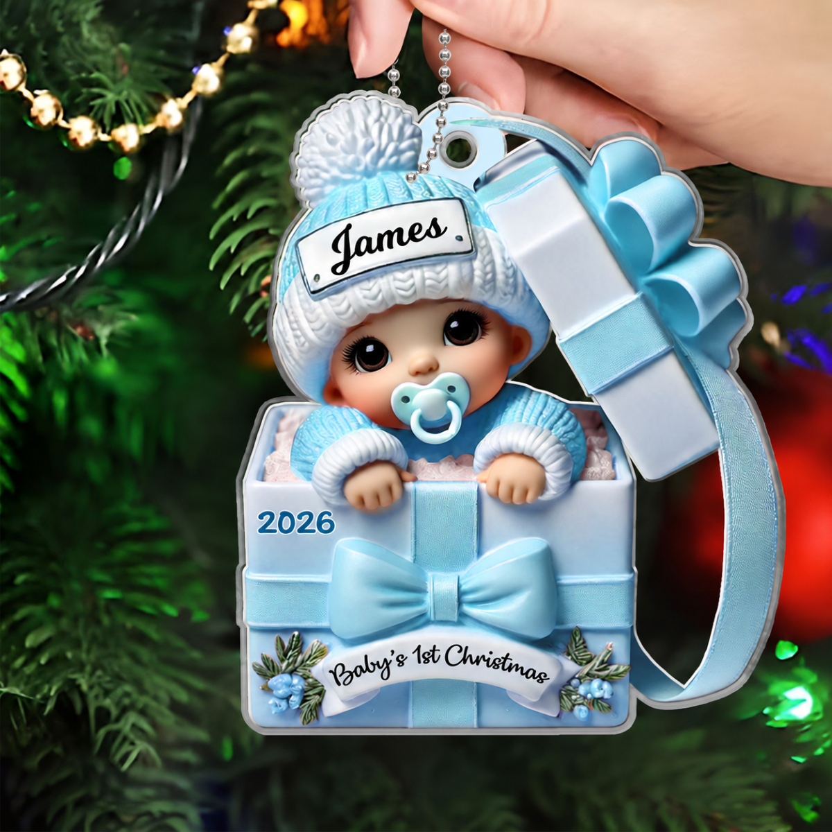 Baby Inside Gift Box 3D Effect - Personalized Acrylic Ornament - Lovely Keepsake to Celebrate Little Miracle, Christmas in July