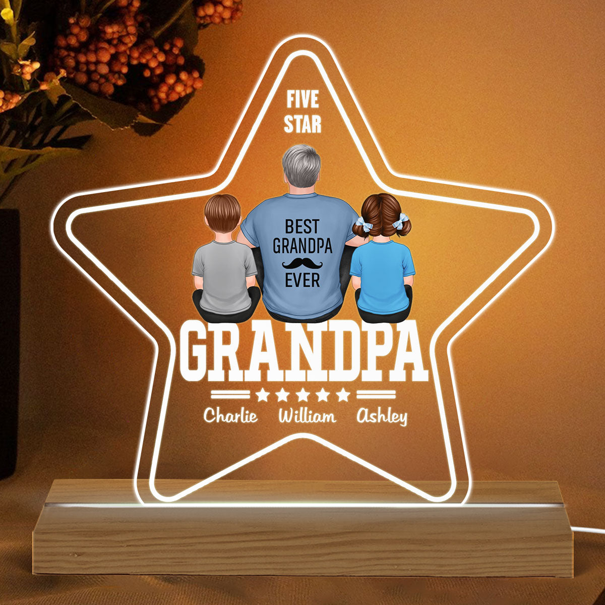 Five - Star Grandpa Back View Dad And Kids Personalized Acrylic Custom Shape LED Night Light