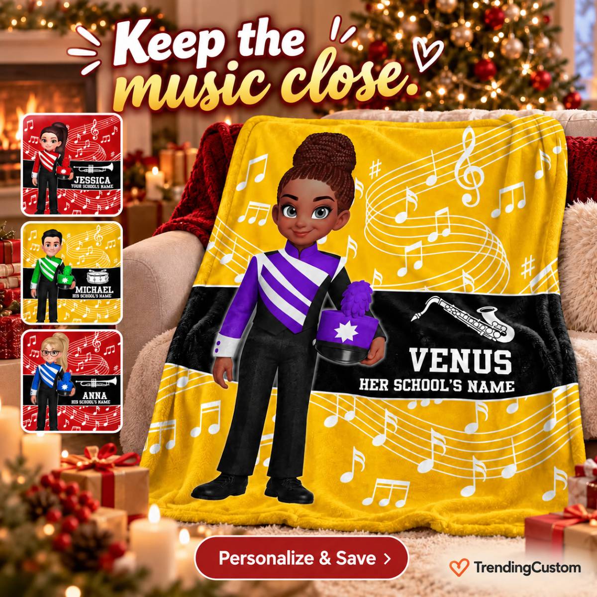 Custom Music Marching Band, Orchestra, Personalized Name, Color, School, Instrument, Trumpet, Clarinet, Tuba, Violine - Personalized Fleece Blanket - Christmas Gift For Son, Grandson, Daughter, Granddaughter