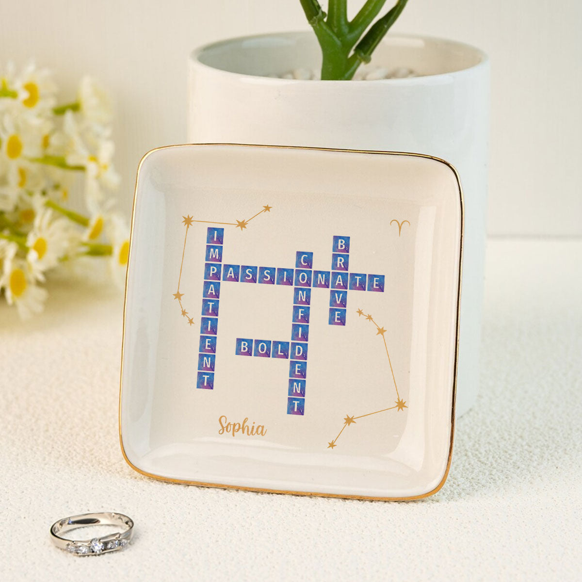 Zodiac Sign Crossword Astrological Personalized Jewelry Dish, Gifts For Friends, Daughter Birthday Gifts