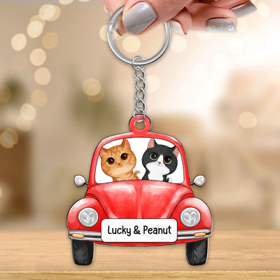 Watercolor Fluffy Cats On Car Personalized Acrylic Keychain