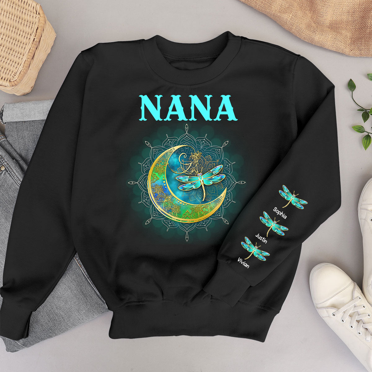 Grandma Mom Moon Mandala Dragonflies Personalized Sleeve Printed Sweatshirt