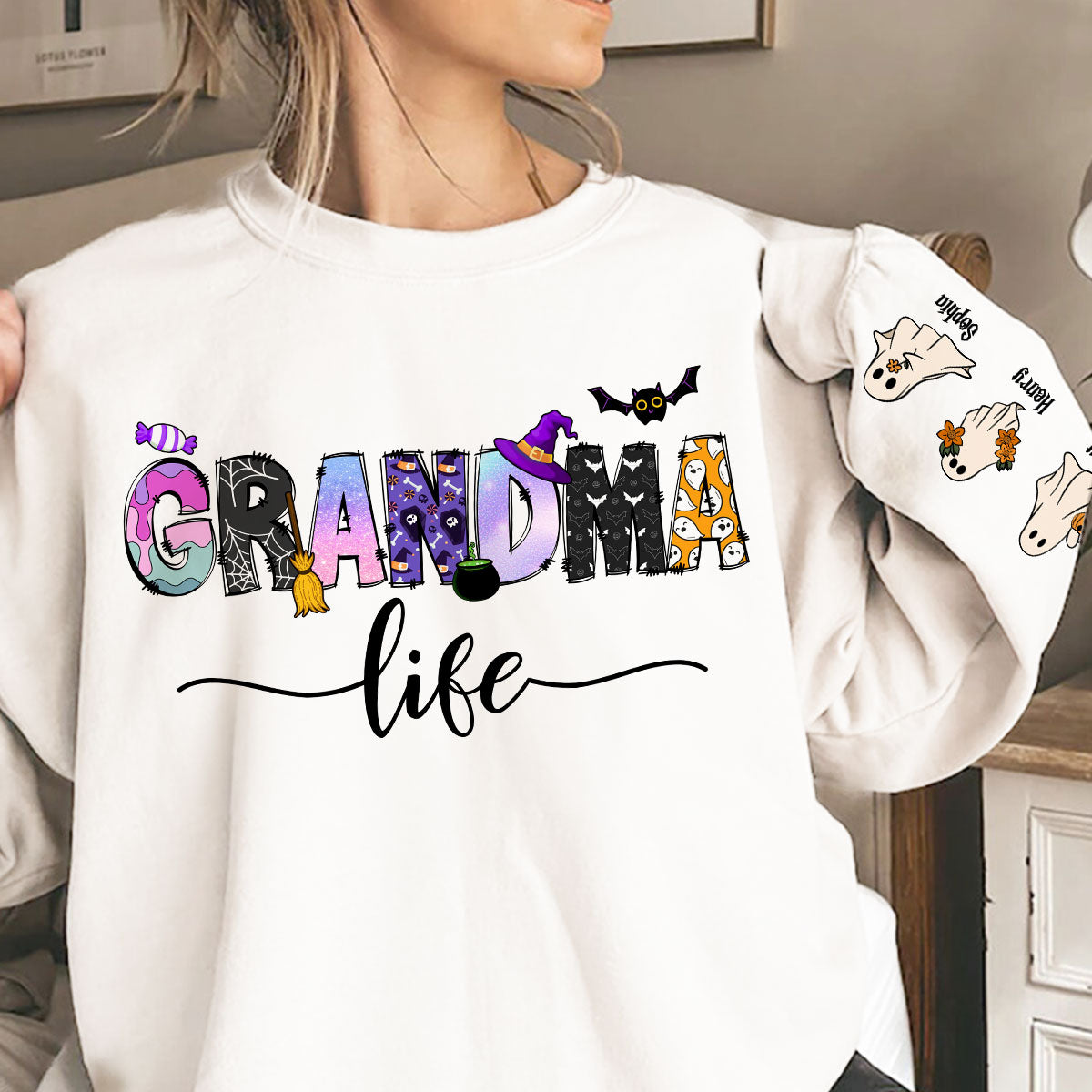 Halloween Grandma Nana Life Personalized Sleeve Printed Sweatshirt