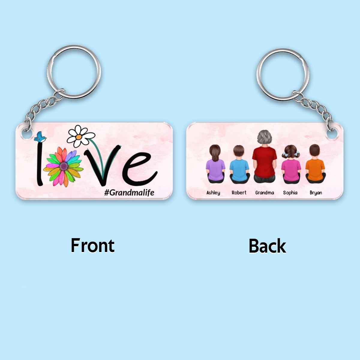 LOVE Flower Grandma Mom Life Back View Woman And Kids Dogs Cats Sitting Personalized Acrylic Keychain