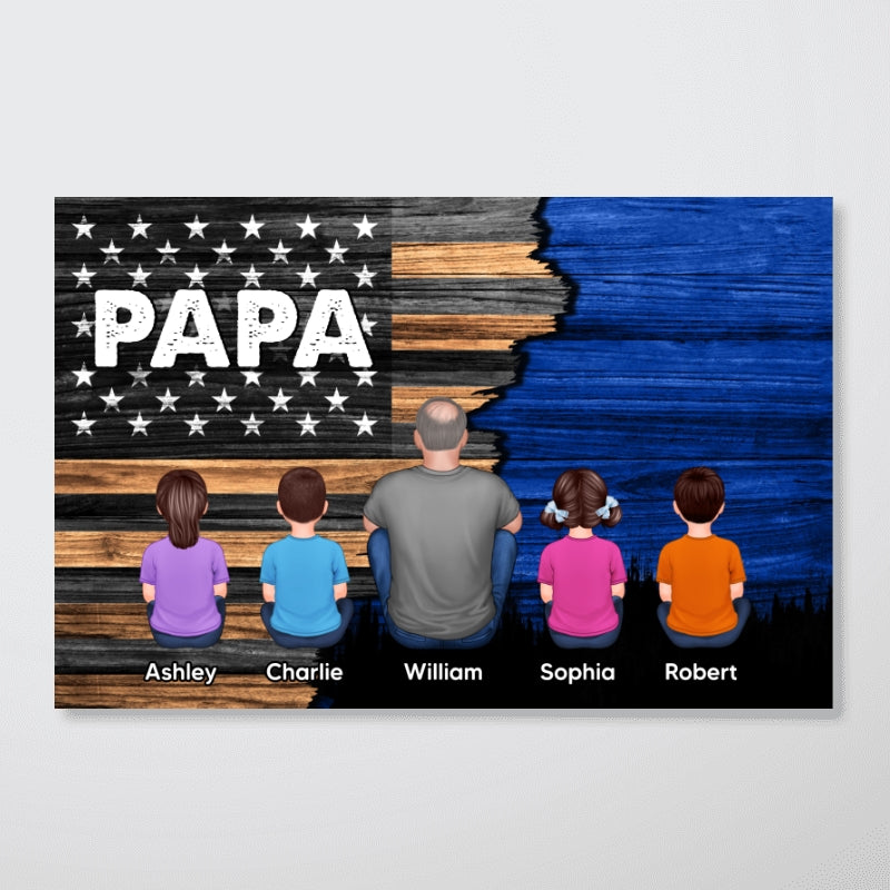 Dad Grandpa Papa Back View Sitting With Kids Half Nation Flag - Personalized Poster