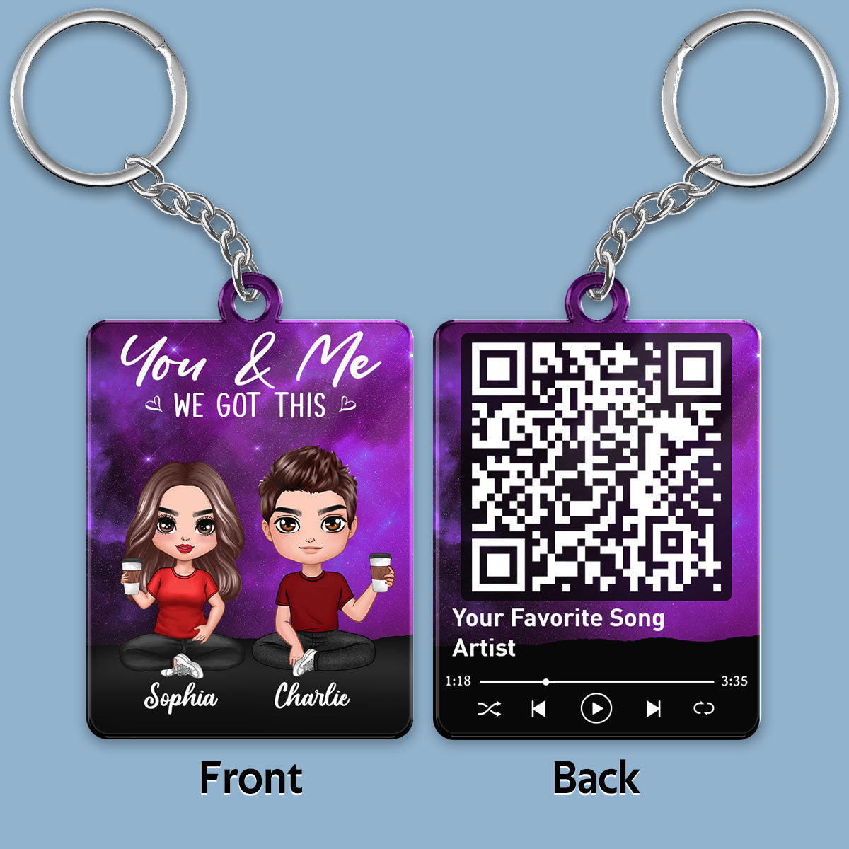 Doll Couple Sitting Under Starry Night Favorite Song QR Code Personalized Acrylic Keychain