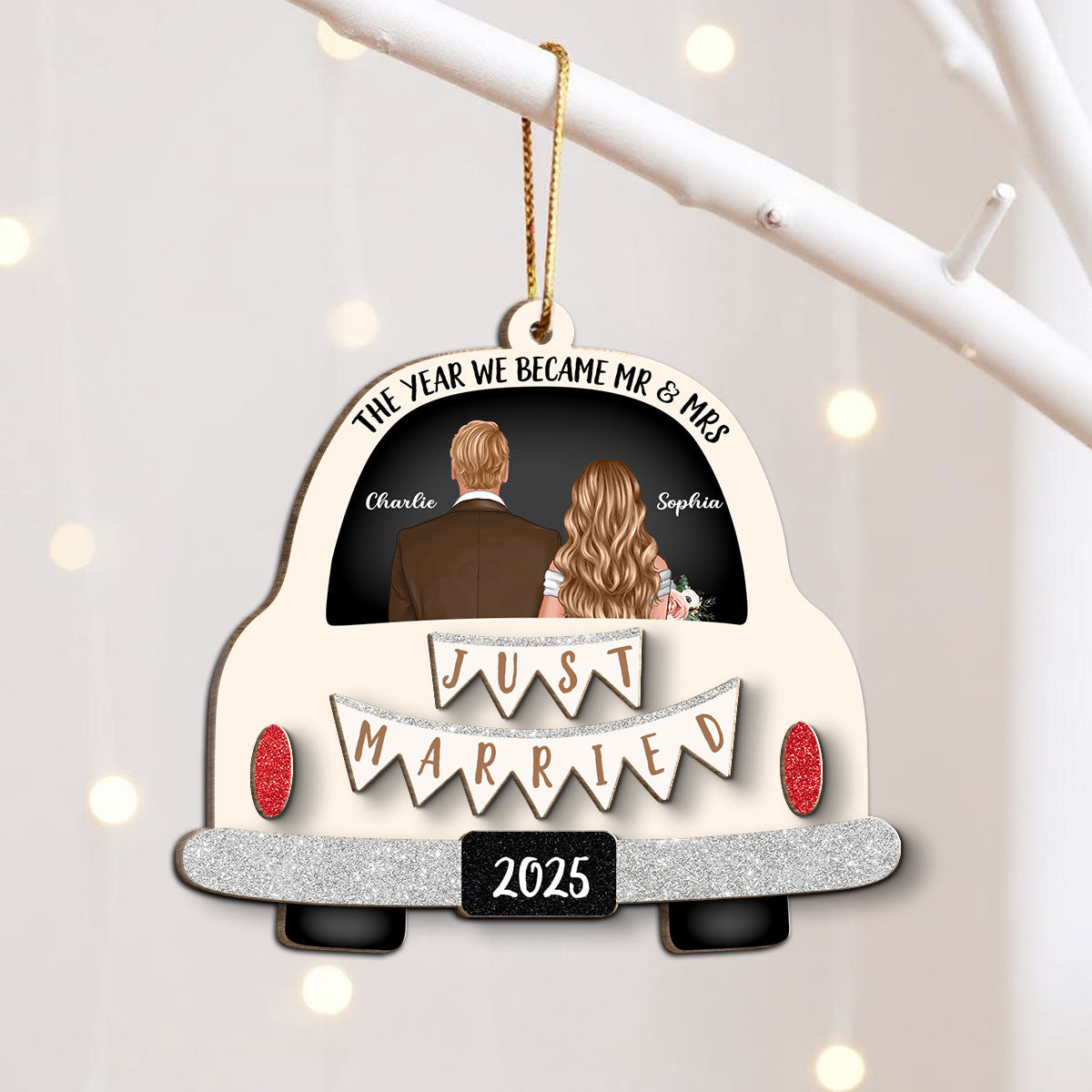 Groom & Bride In Car Personalized 2-Layer Wooden Ornament | Just Married Newlyweds Marriage Keepsake