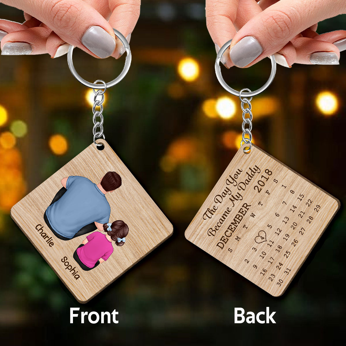 Back View Man And Kid The Day You Became My Daddy Father‘s Day Gift Personalized Wooden Keychain