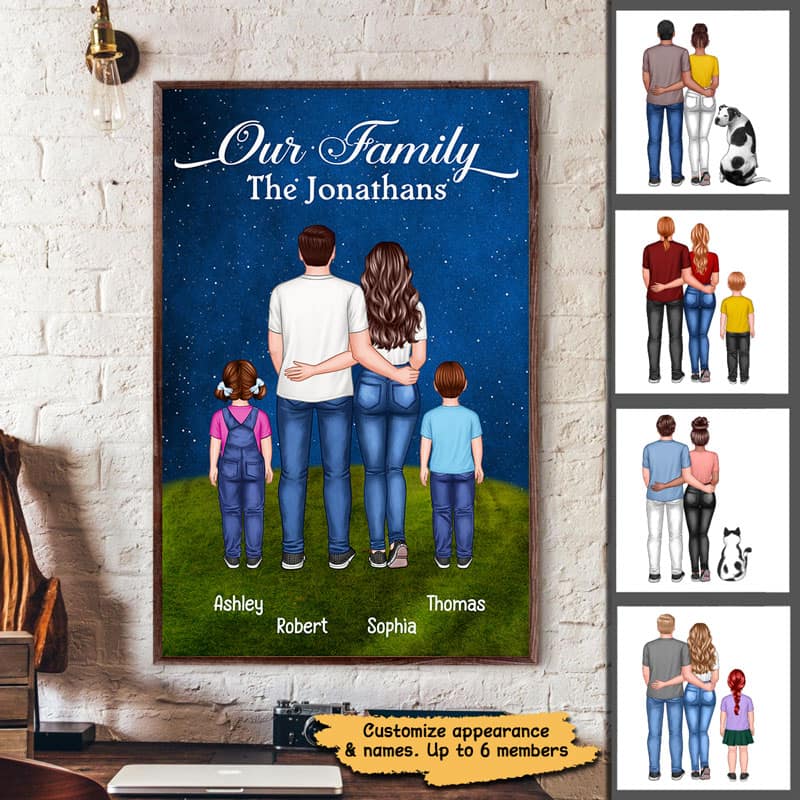 Family Couple Kid Dog Cat Standing Under Starry Night Personalized Vertical Poster