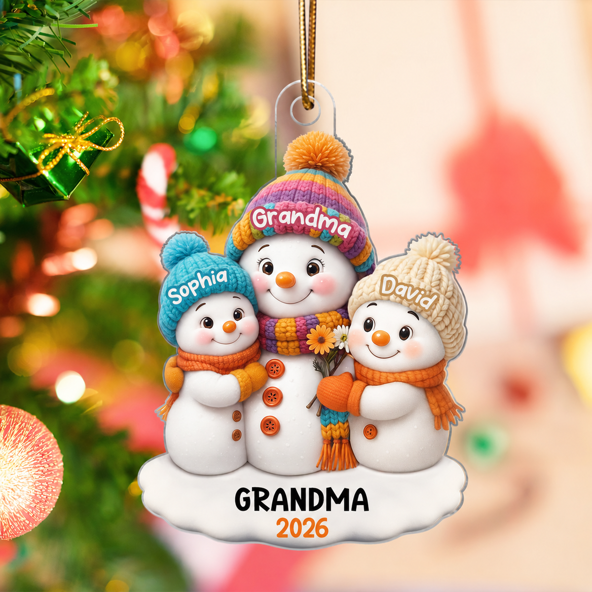 Snowman Grandma and Grandkids Personalized Acrylic Ornament, Christmas Gift for Grandma, Grandkids
