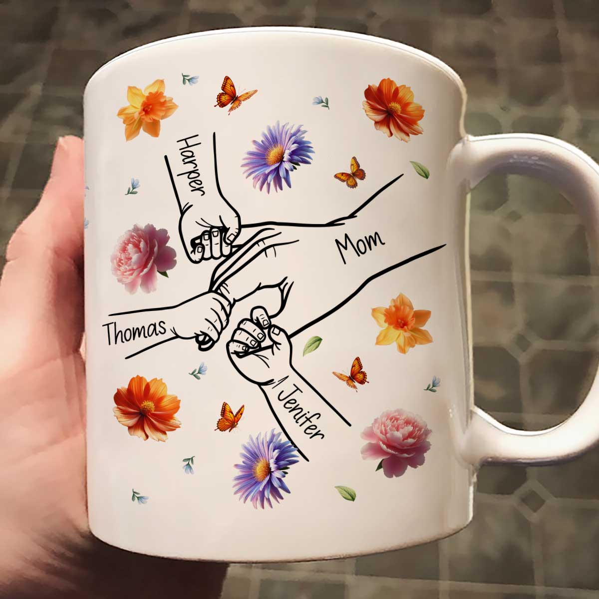 Grandma Mom 3D Effect Birth Flower Kids Holding Hand Outline Personalized Mug