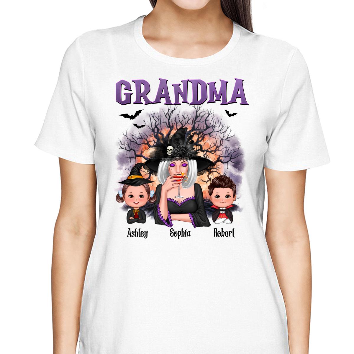 Purple And Orange Halloween Tree Grandma Mom Kids Personalized Shirt