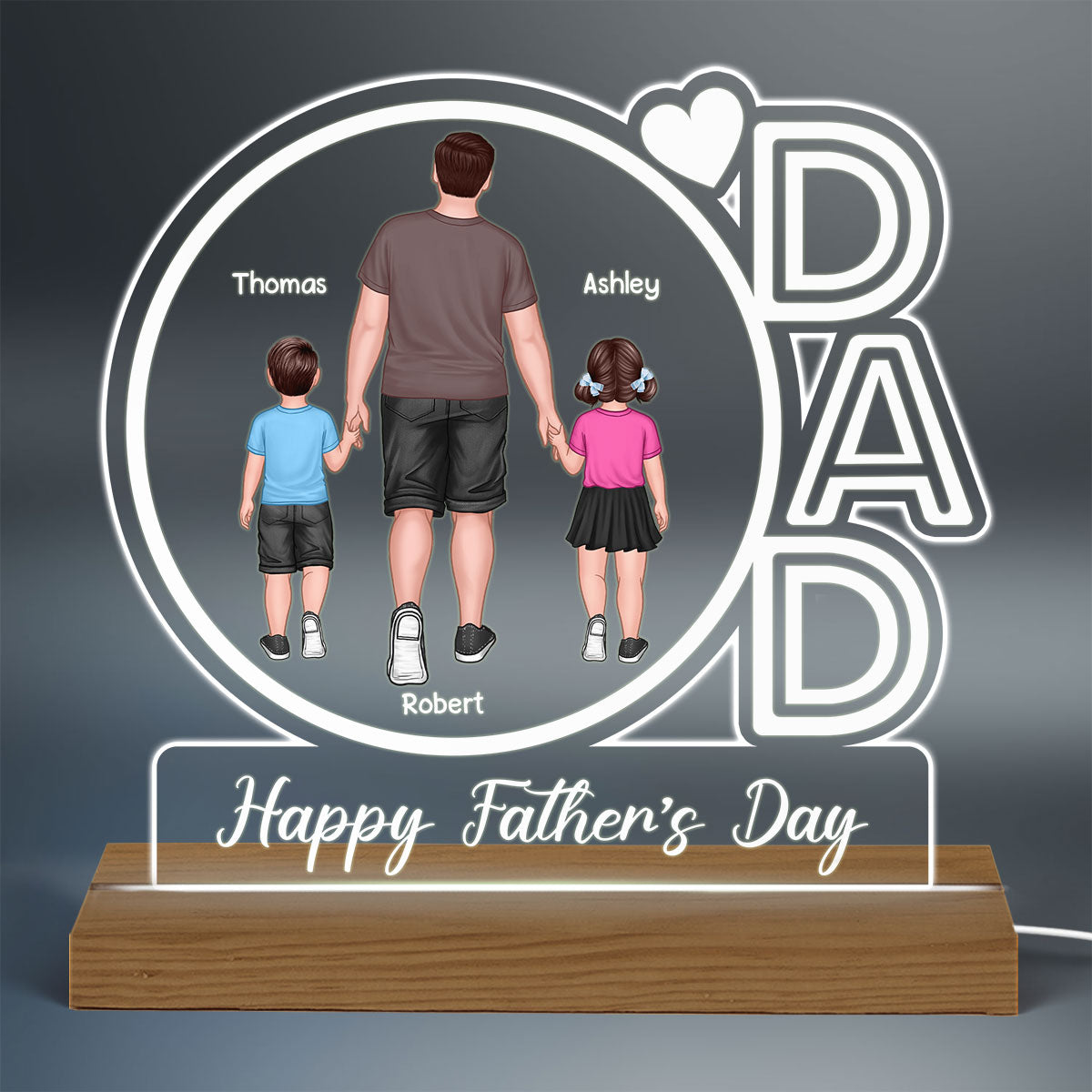 Dad We Love You Happy Father‘s Day Back View Walking Dad & Kids - Personalized Acrylic LED Night Light