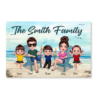 Whole Doll Family Couple Dad Mom Kids Dogs Cats Sitting Beach Landscape Personalized Horizontal Poster