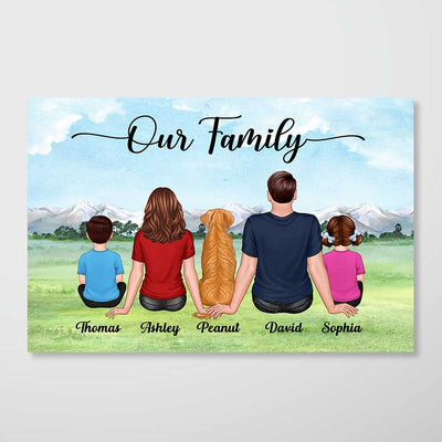 Our Family Couple Kid Dog Cat Back View Sitting On Grass Personalized Horizontal Poster
