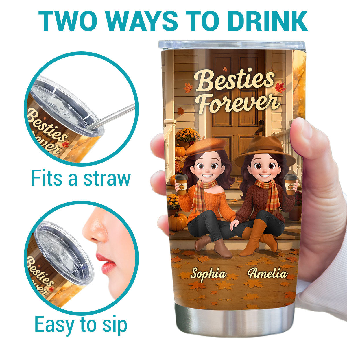 Fall Vibe Besties Sitting On Cozy Theme Front Porch Personalized Tumbler