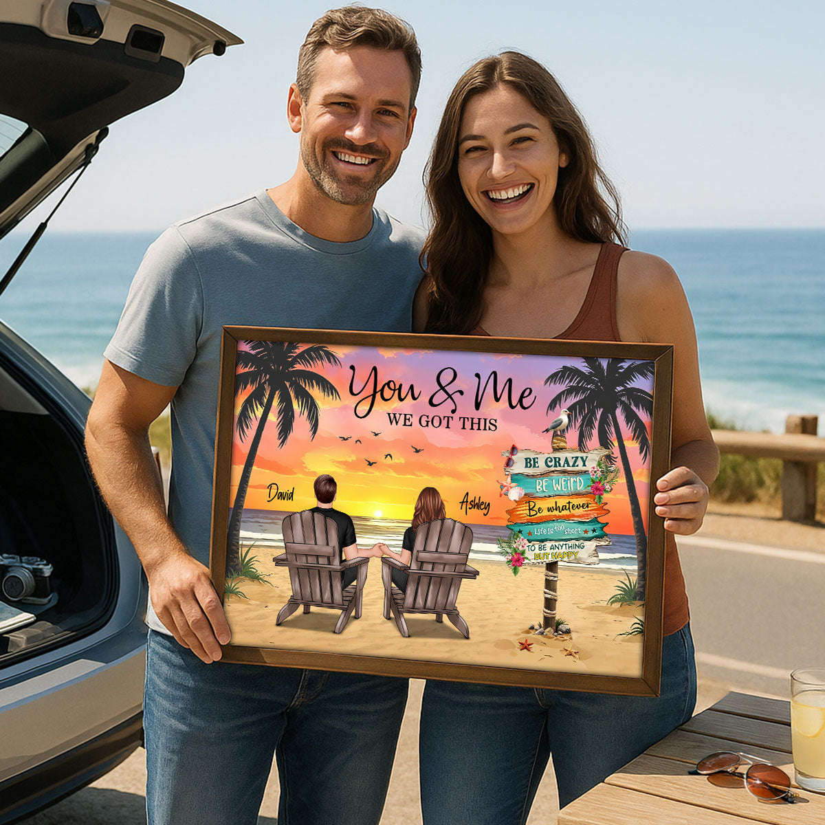Couple Beach Landscape Sign Post Sunset Summer Vibe Personalized Poster, Gift For Him, For Her