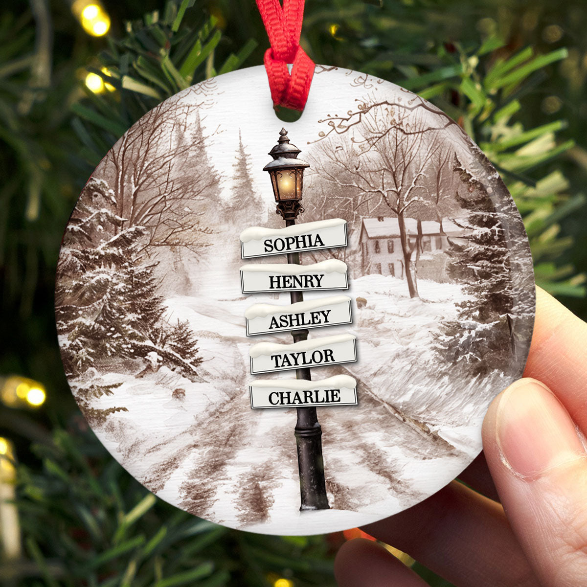 Vintage Christmas Signpost Family Personalized Ceramic Ornament