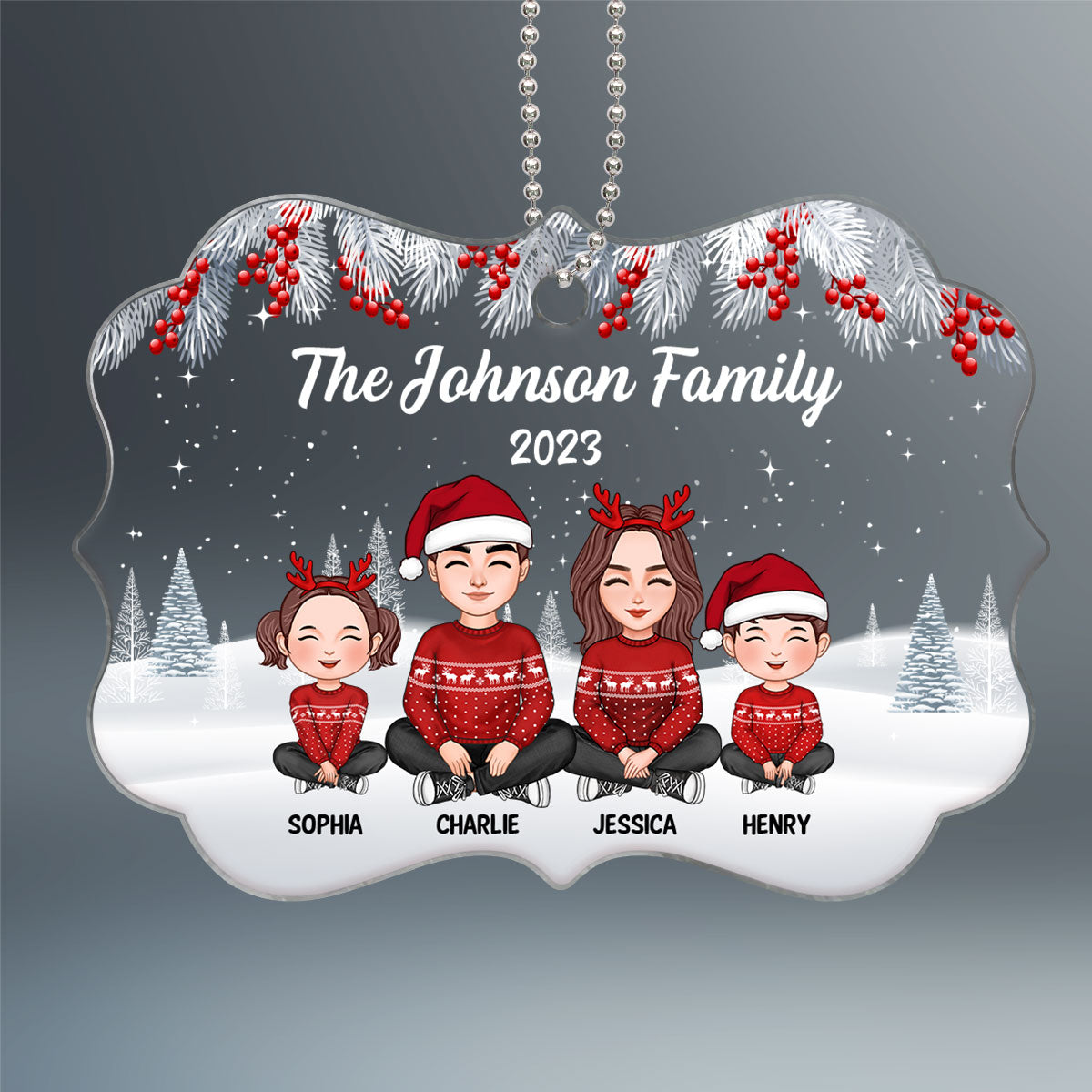 Cute Family Sitting In Snow Personalized Acrylic Ornament