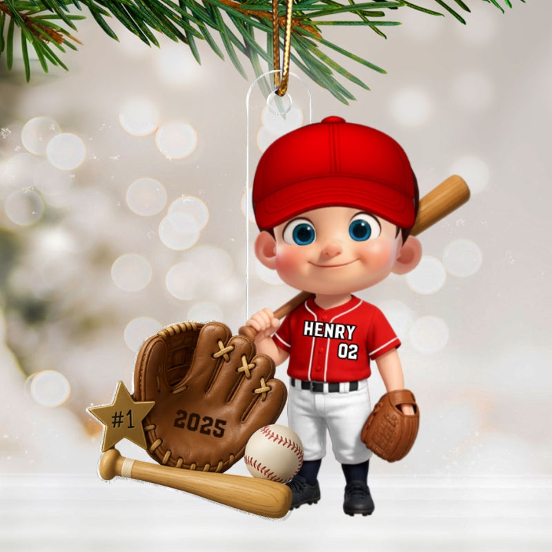Baseball Player With Baseball Mitt Bat Ball - Personalized Acrylic Ornament - Gift For Kids, Grandkids