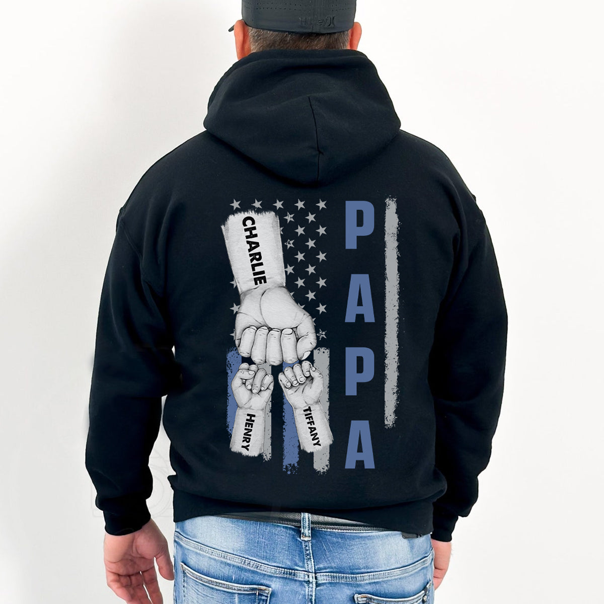 Dad Papa Grandpa Fist Bump American Flag Personalized Back Printed Shirt