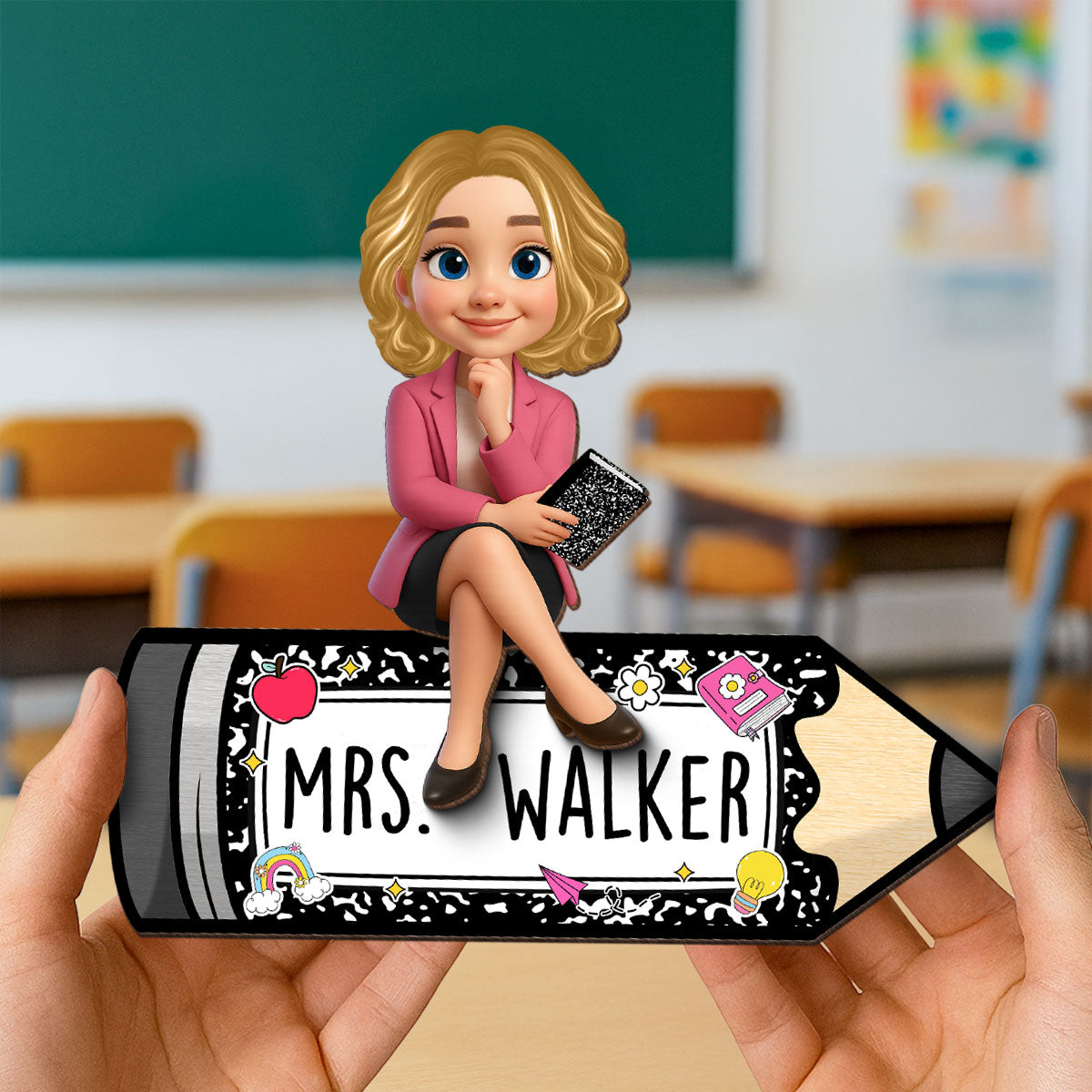 Teacher Sitting on Pencil Composition Book Pattern Personalized 2-Layered Wooden Plaque, Desk Decor for Classroom
