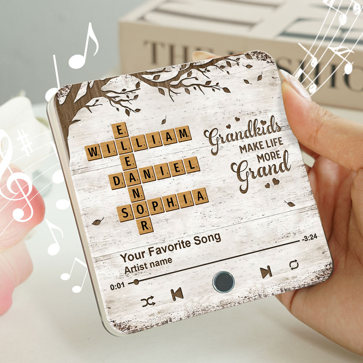 Grandkids Make Life More Grand, Crossword Puzzle Art Personalized Music Fridge Magnet, Gift for Grandma