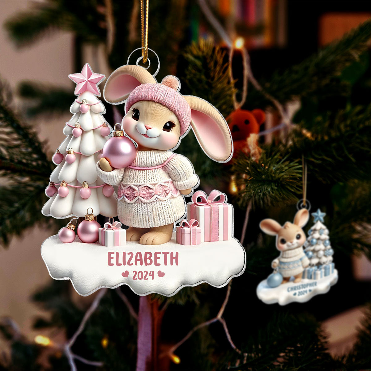 3D Effect Bunny Kid Girl Boy Christmas Personalized Acrylic Ornament, Christmas Gift For Son, Daughter, Grandson, Granddaughter, Children