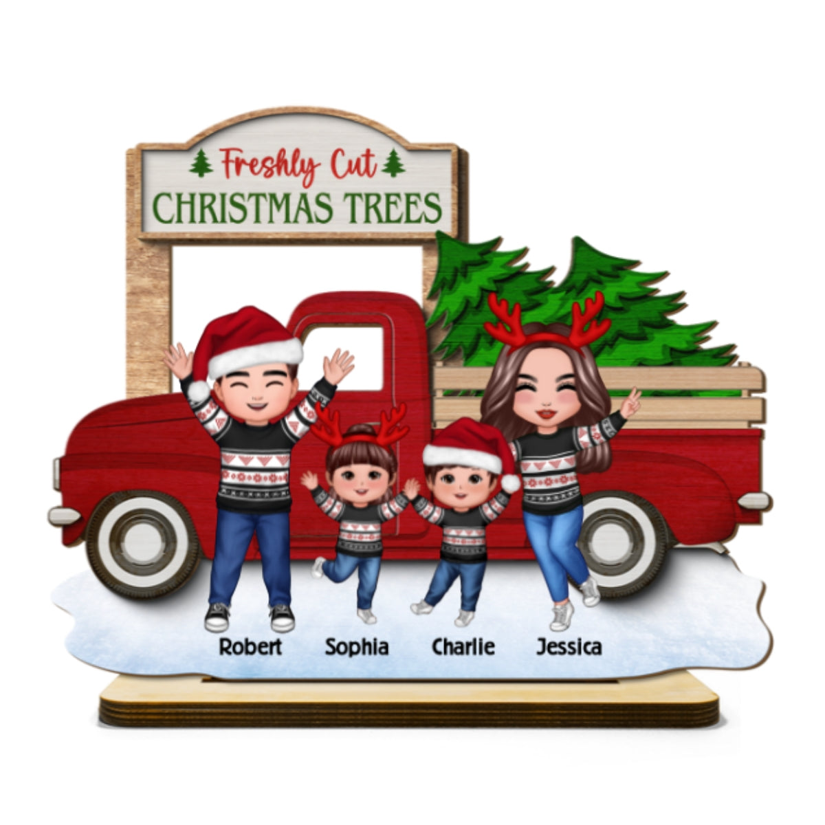 Happy Family With Christmas Truck Personalized 2-Layer Standing Wooden Plaque, Christmas Decoration, Tiered Tray Decor
