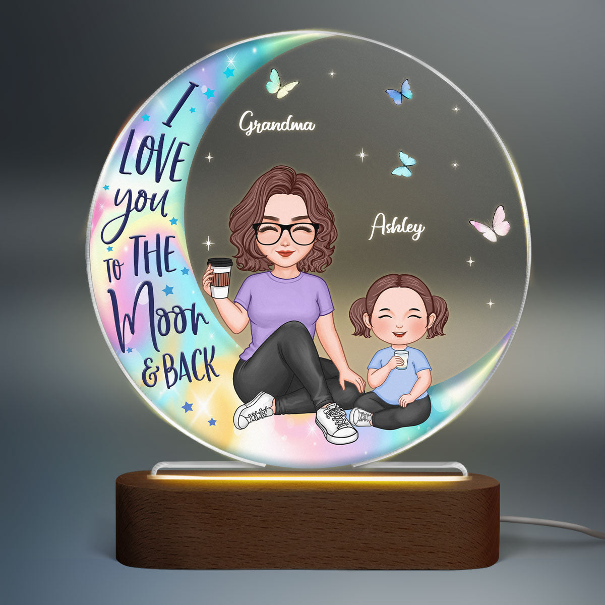 Colorful Cute Grandma & Grandkid Sitting I Love You To The Moon And Back Gift For Granddaughter Grandson Personalized Circle Acrylic Plaque LED Night Light