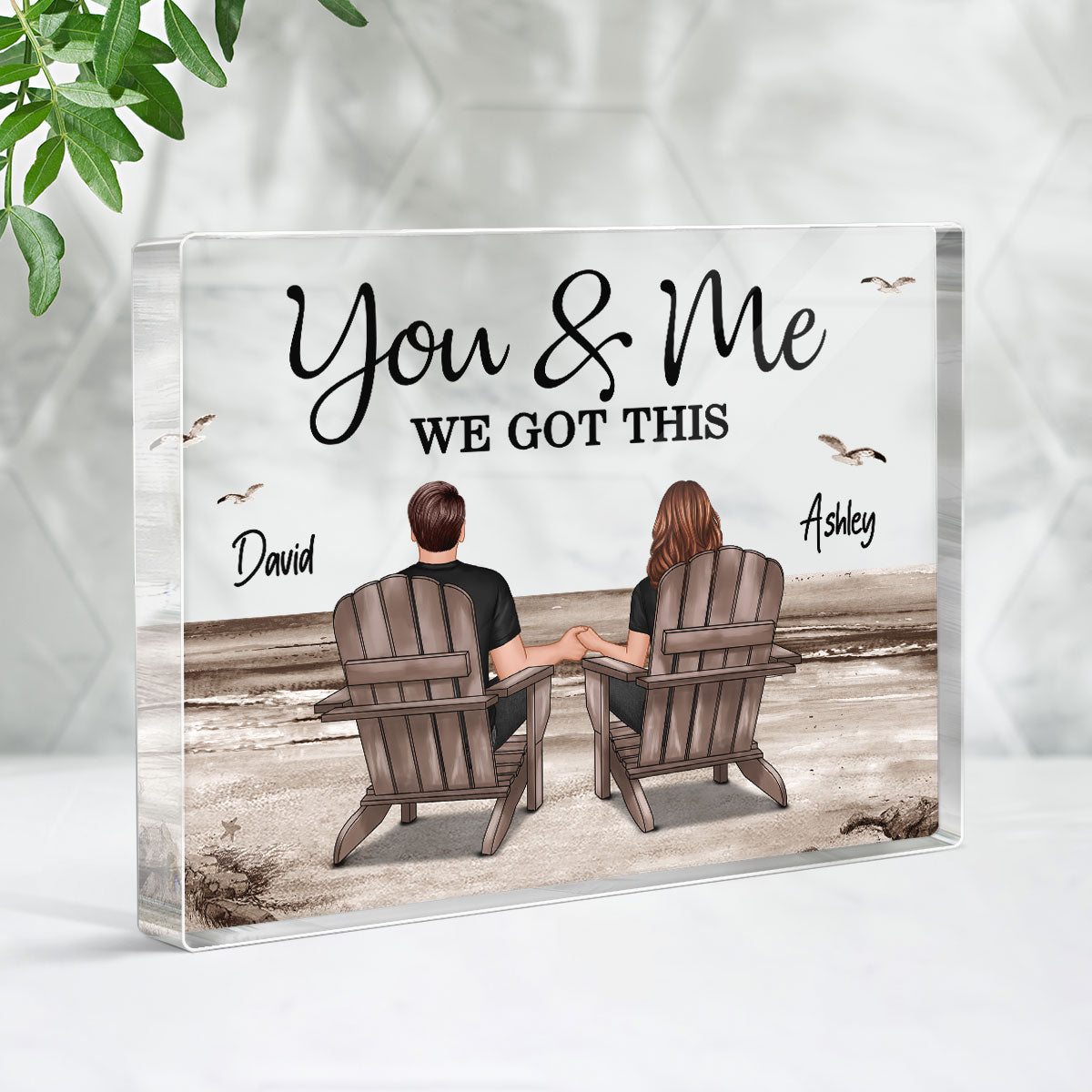 Retro Vintage Back View Couple Sitting Beach Landscape Personalized Rectangle Acrylic Block Plaque
