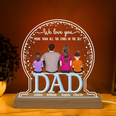 Dad We Love You More Than Stars In Sky Back View Sitting Man & Kids Personalized Custom Shaped Acrylic Plaque With Warm LED Night Light