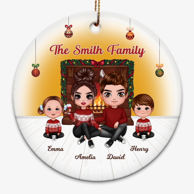 Family Sitting By The Fireplace Personalized Circle Ornament
