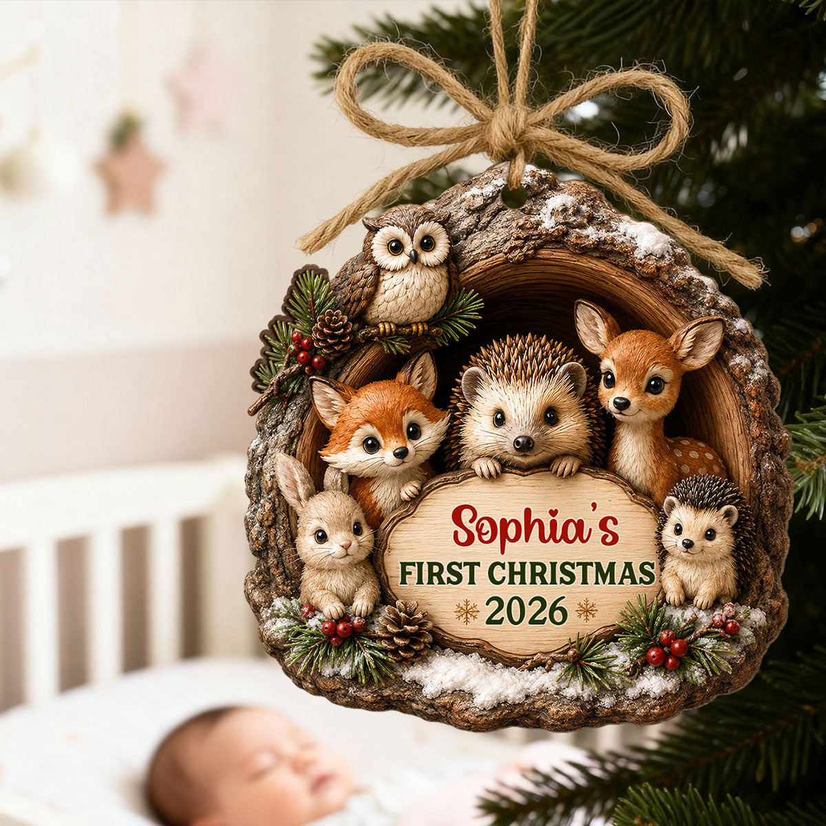 Baby First Christmas Woodland Animal - Personalized Wooden Ornament - Christmas Gift For Newborn Baby