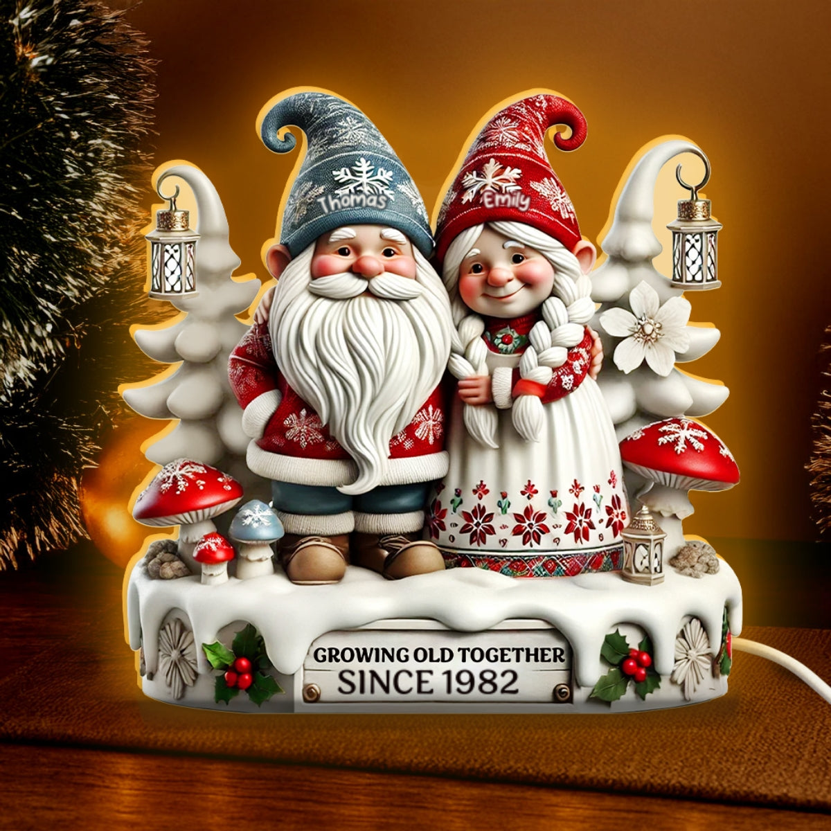 3D Effect Christmas Gnome Couple Growing Old Together - Personalized Light Box - Heartwarming Gift For Couple