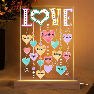 LOVE Grandma Grandkids Name Hearts Personalized Rectangle Acrylic Plaque With LED Night Light