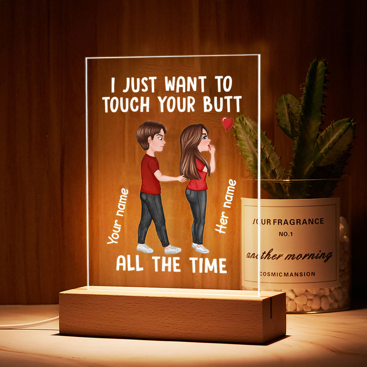 Funny Doll Couple Touch Butt Personalized Plaque LED Night Light - Gift For Him Gift For Her