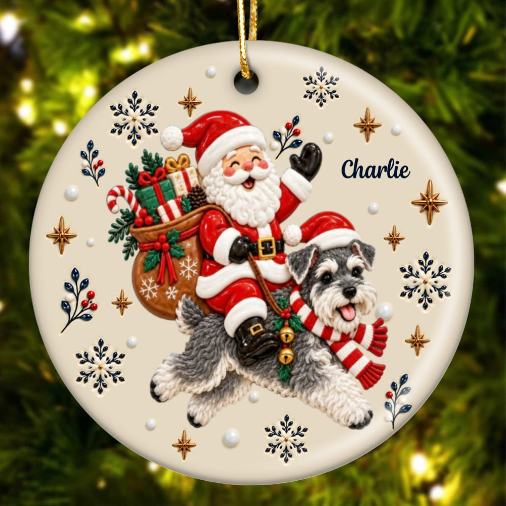 Santa On Dog's Back Upload Pet Photo 2D Flat Printed - Personalized Ceramic Ornament - Christmas Tree Decor For Dog Lover