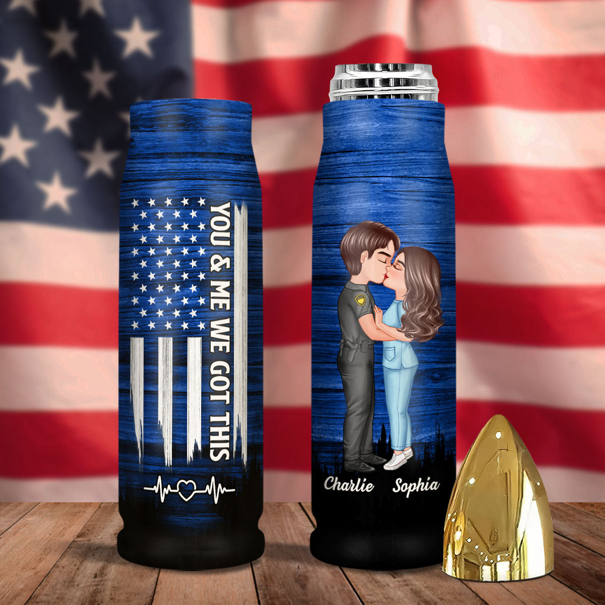 Hero Couple Hugging Kissing Half Flag  Gift by Occupation Gift For Her Gift For Him Personalized Bullet Tumbler