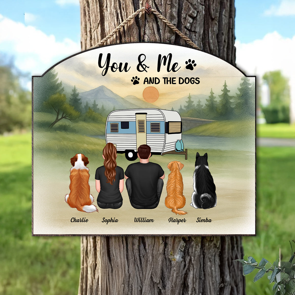 Couple And Dogs Camping Retro Mountain Personalized Wood Sign, Gift for Camping & Dog Lovers