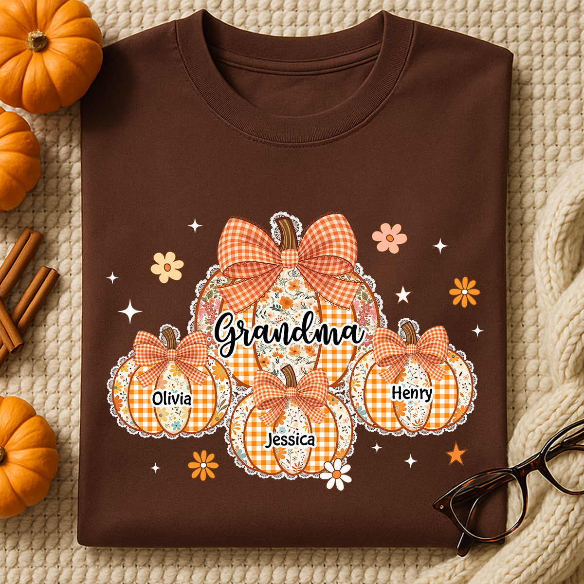 Lace Pattern Grandma Custom Pumpkins With Kids Names - Personalized Shirt - Gift For Grandmas, Fall Vibe Cozy Shirt