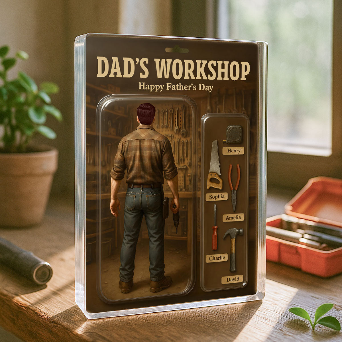 Dad's Workshop With Kids' Names Grandpa's Workshop Custom Figure Personalized Acrylic Block Plaque, Unique Father's Day Gift For Him, For Dad, For Grandpa