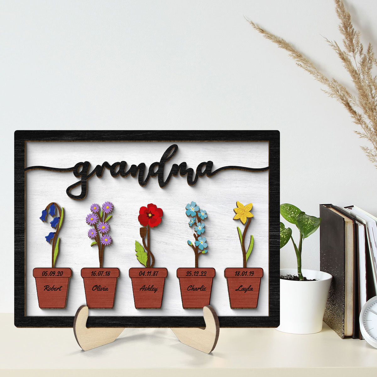 Grandma Mom Flower Pot Personalized 2-layer Woode Plaque